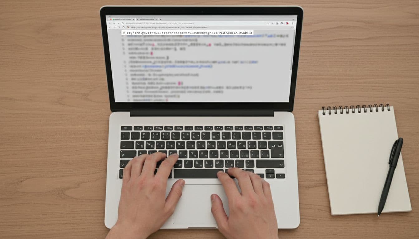 Simple workspace showing one pair of hands typing on an open laptop keyboard, editing a blurred browser window's affiliate URL by adding a SubID parameter in the address bar. Wooden desk with nearby notebook, soft overhead lighting, clean realistic photo with focus on hands and keyboard, no readable text.