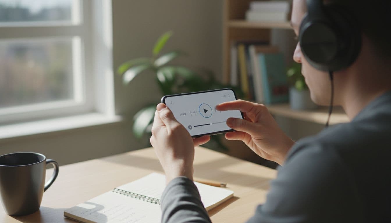 The 10-Minute Audio Speed Test for Language Apps 2 A person wearing over-ear headphones sits at a wooden desk in a bright home office, holding a smartphone in landscape mode and adjusting the speed control slider on a generic language app audio player, with a notebook and coffee mug nearby under natural daylight.