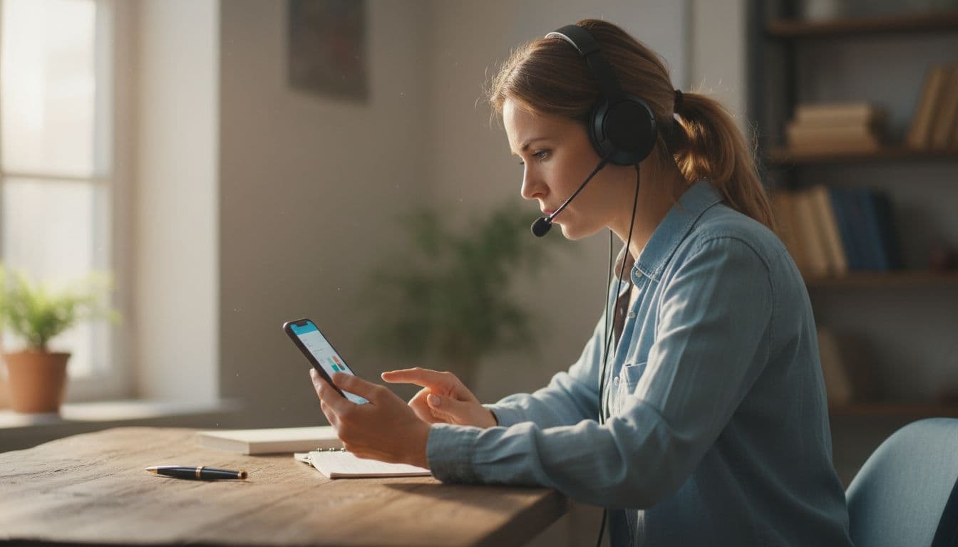 Focused 30s adult at wooden desk uses smartphone app for French pronunciation, wearing headphones.