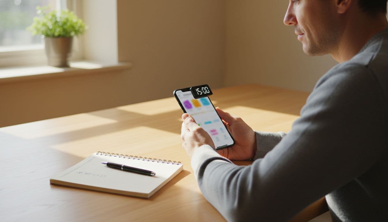 A 15-Minute Skip Logic Test for Language Learning Apps 3 A single adult learner sits relaxed at a wooden desk in a bright home office, holding a smartphone angled to show a blurred language learning app interface and a 15-minute digital timer, with an open notebook, pen, and checklist nearby, illuminated by natural daylight.