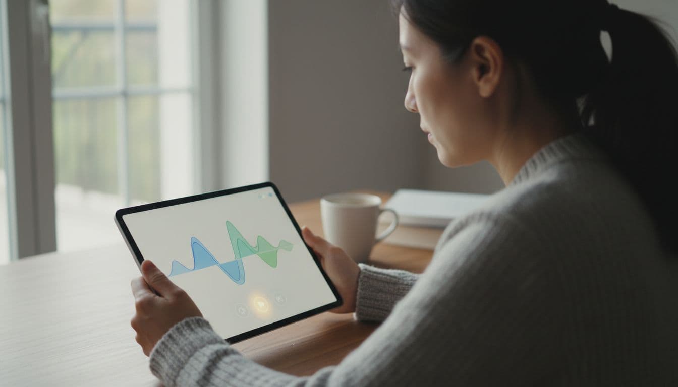 Adult learner in home study uses tablet app with tone waveforms and audio icons.