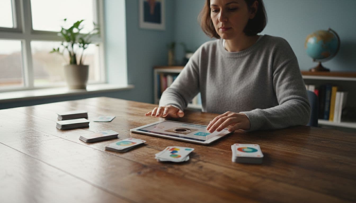 Fluent Forever Review for Serious Learners in 2026 2 Adult sits at wooden desk in bright home study, viewing image flashcards on tablet with spaced cards nearby.
