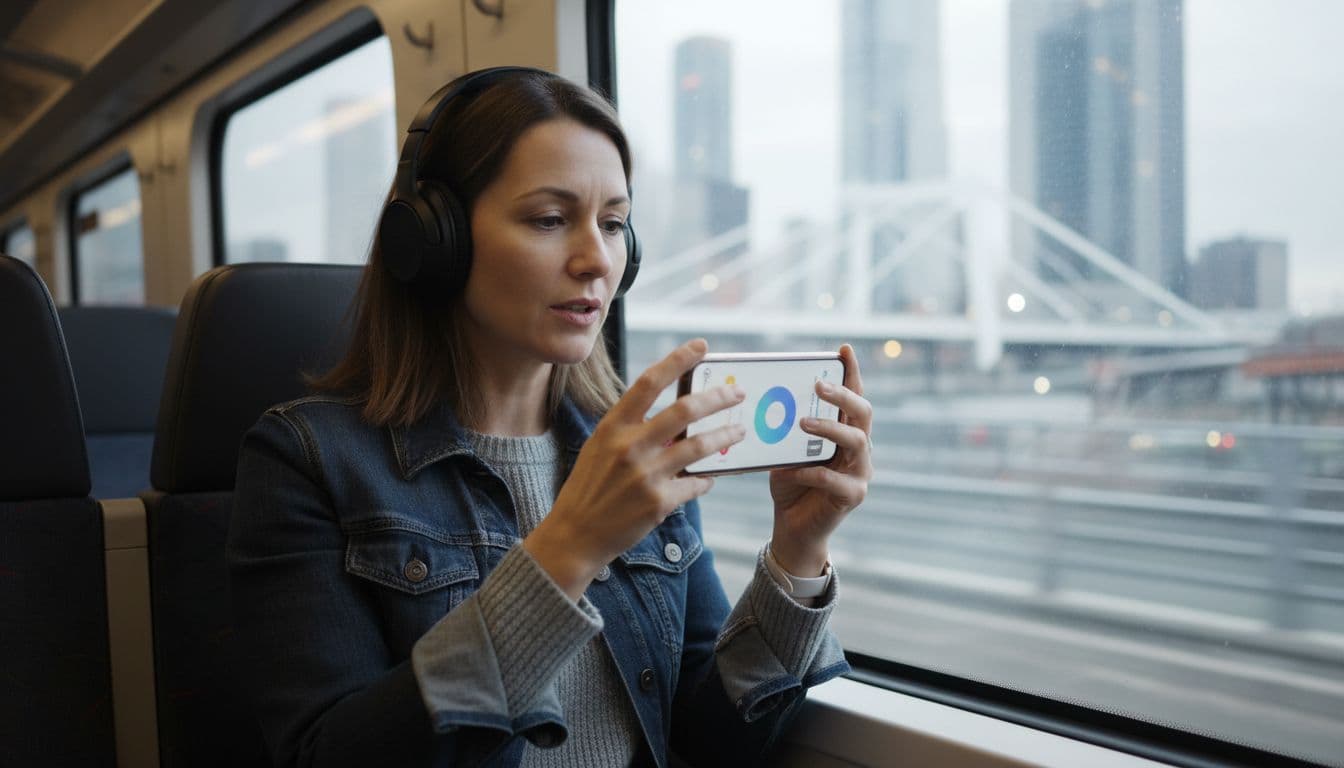 Mid-40s adult with headphones practices German on smartphone during train commute, urban view through window.
