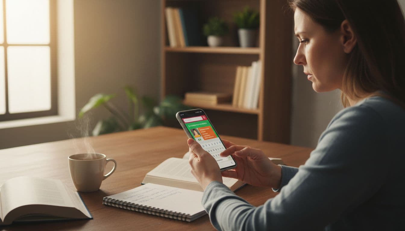 A focused adult learner at a wooden desk in a cozy home office holds a smartphone with a language app open, typing a grammar query into the search bar, with notebook and coffee nearby under natural daylight.