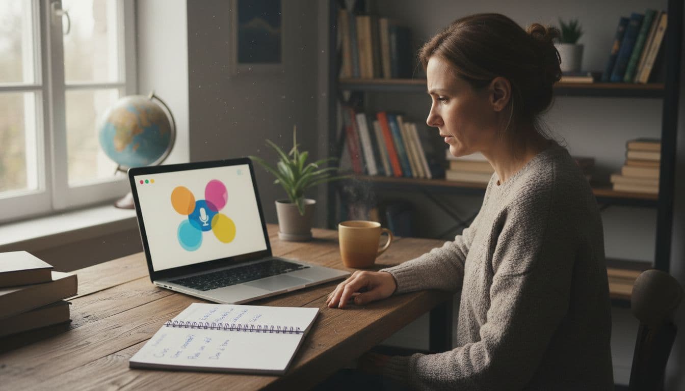 Best Italian Learning Apps for Serious Learners in 2026 2 Adult learner at wooden desk with angled laptop showing Italian lesson, open notebook with phrases, coffee mug in cozy study.