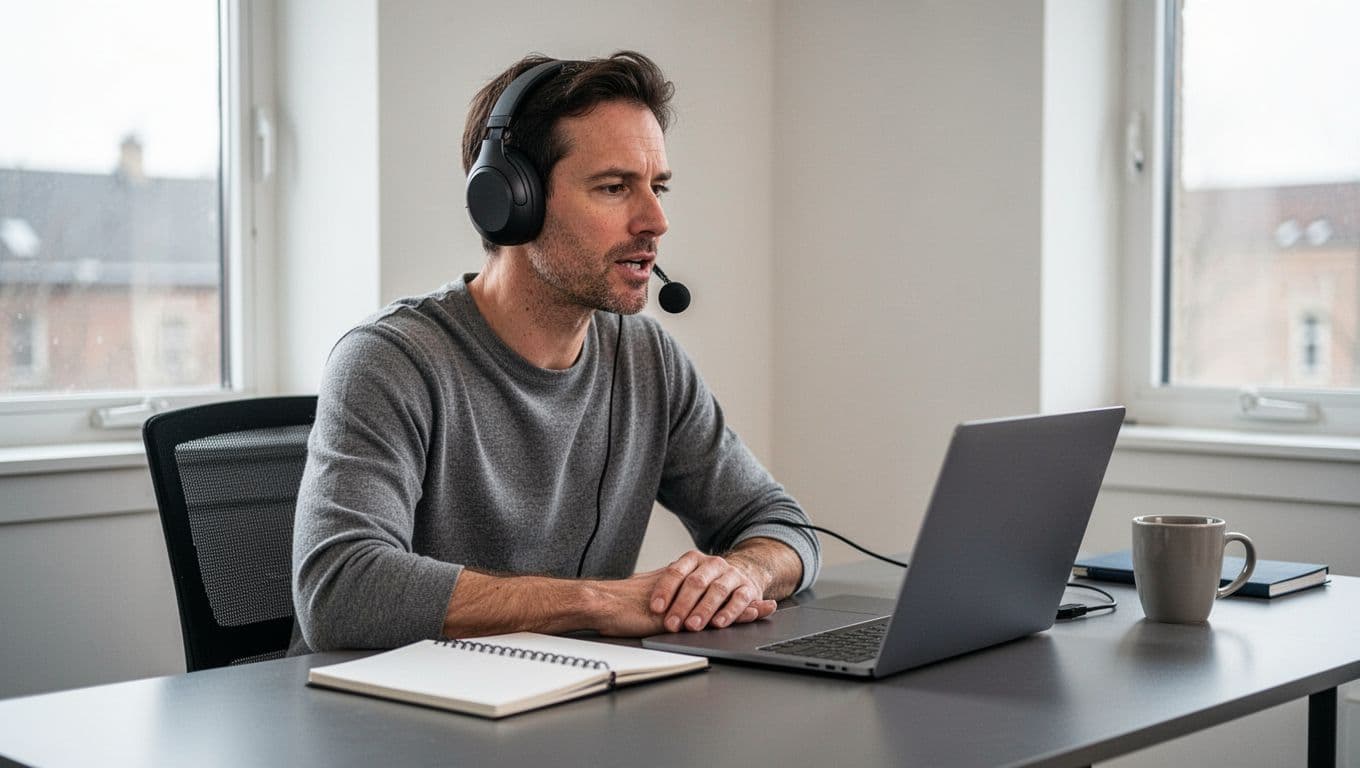 Focused adult learner in 30s with wireless headphones speaks into laptop microphone for pronunciation practice during online lesson on simple desk with notebook and coffee.