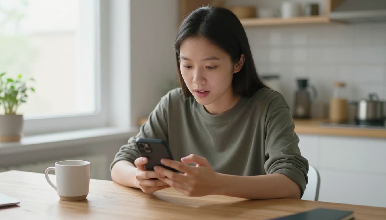A focused adult learner in casual clothes practices language speaking on a smartphone app at a kitchen table with a coffee mug nearby, bathed in natural morning light through the window, realistic photograph.