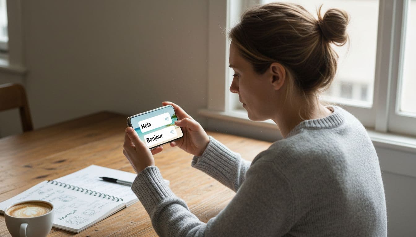 Focused 30s adult uses smartphone language app showing flashcards at wooden desk with notebook and coffee mug, natural daylight.