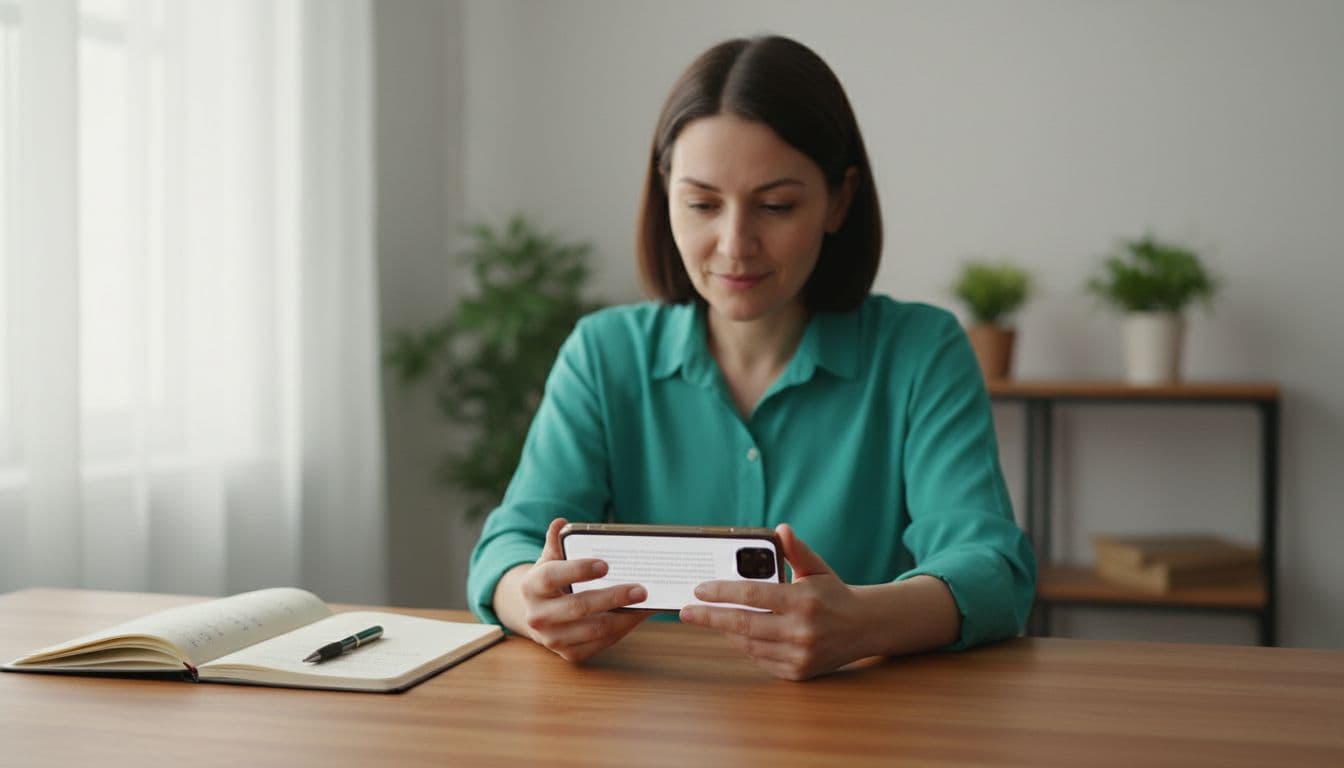 Thoughtful adult learner at wooden desk holds phone with blurred feedback screen, open notebook and pen nearby.