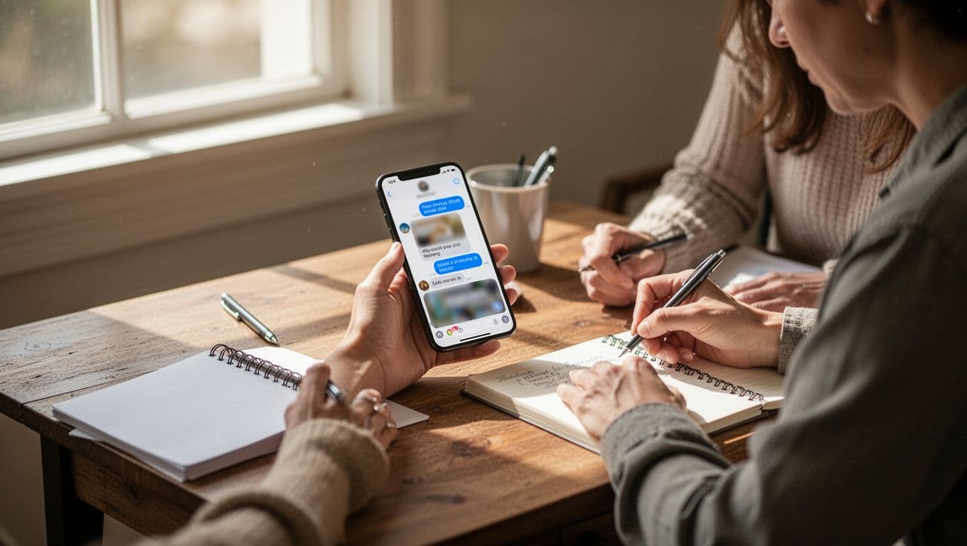 An adult learner seated at a wooden desk in a bright room examines a smartphone with a language exchange chat open, accompanied by handwritten corrections in a notebook, showing concentration under soft daylight.