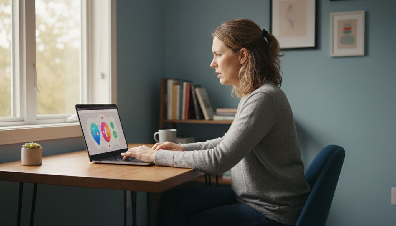 Adult learner sits at home office desk, looking thoughtfully at laptop with language app open, hands on keyboard.