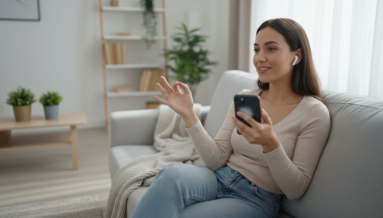 Adult learner in quiet living room holds smartphone with language app open, speaking aloud while gesturing naturally.