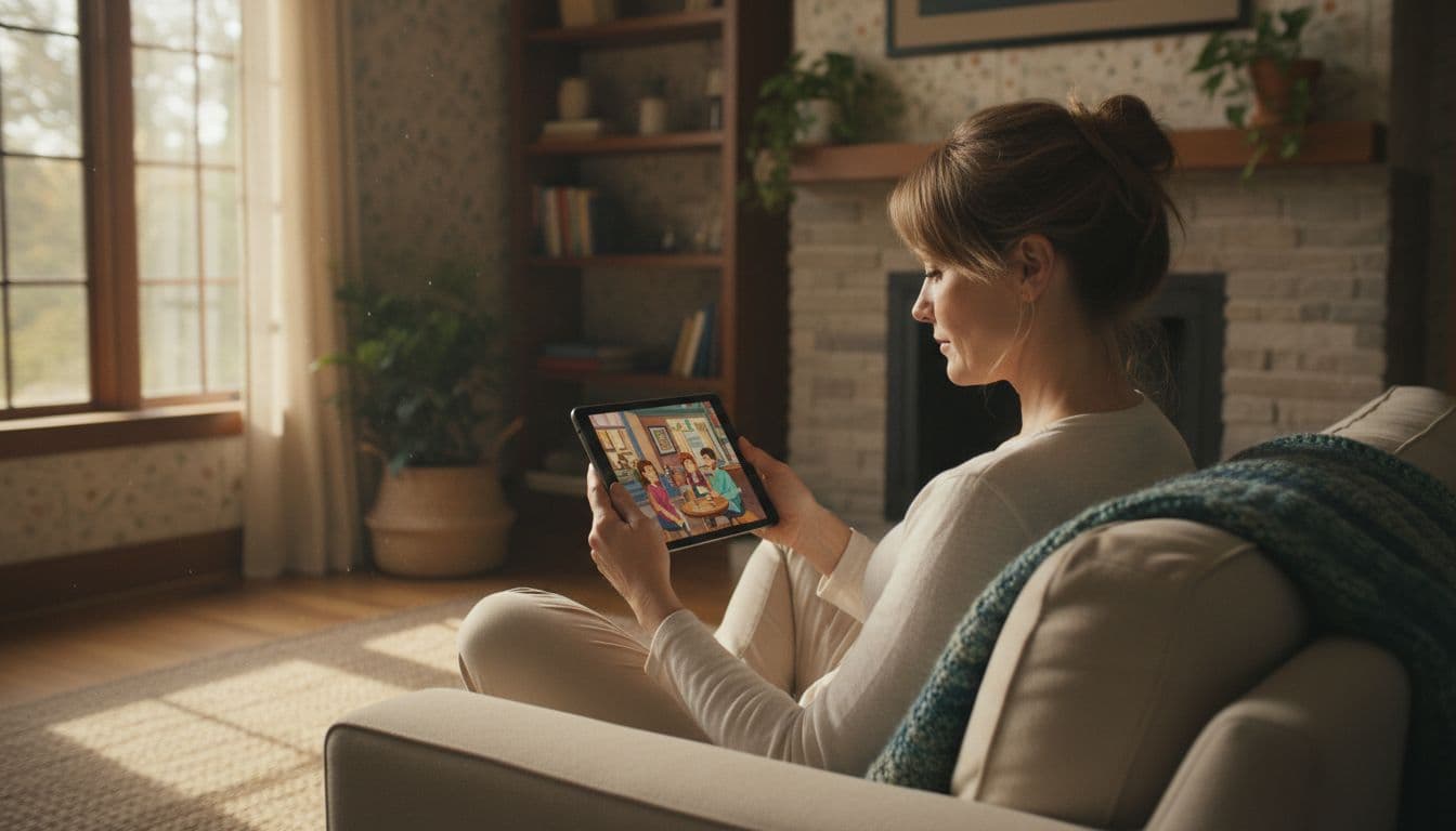 Dreaming Spanish Review for Serious Learners in 2026 2 Adult on couch in cozy living room holds tablet with both hands watching video, afternoon light through window.