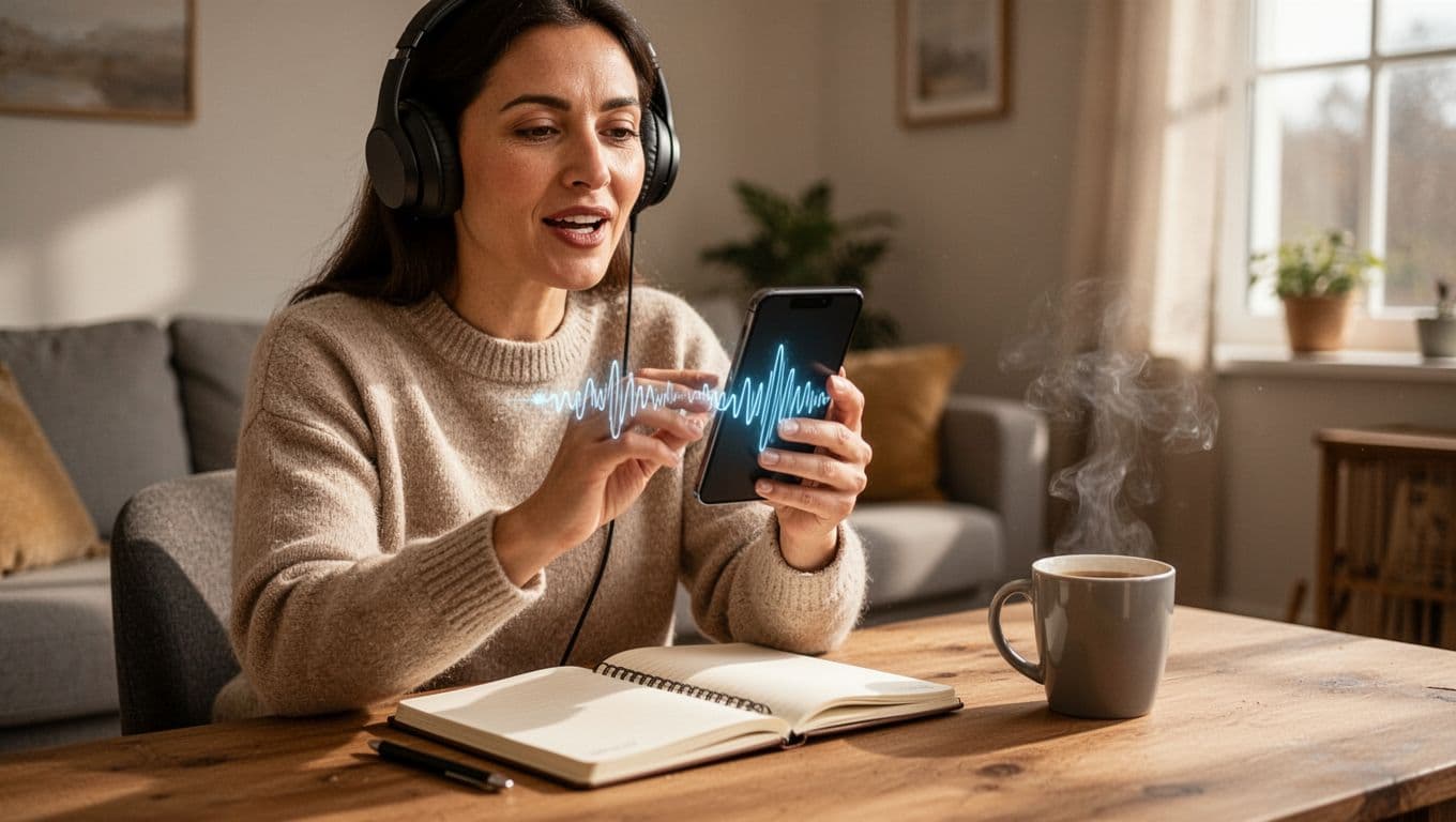 Focused intermediate adult learner with headphones speaks confidently into a smartphone during an AI-powered language lesson in a cozy home setting with notebook and coffee mug. Natural daylight illuminates the realistic scene with subtle speech wave on the device screen.
