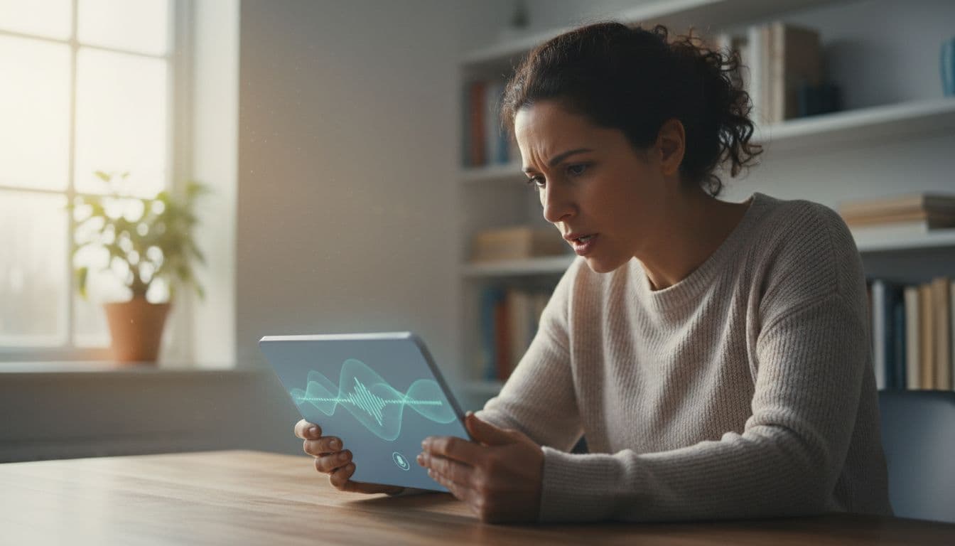 Adult learner in quiet home office uses tablet app showing speech recognition audio waves.