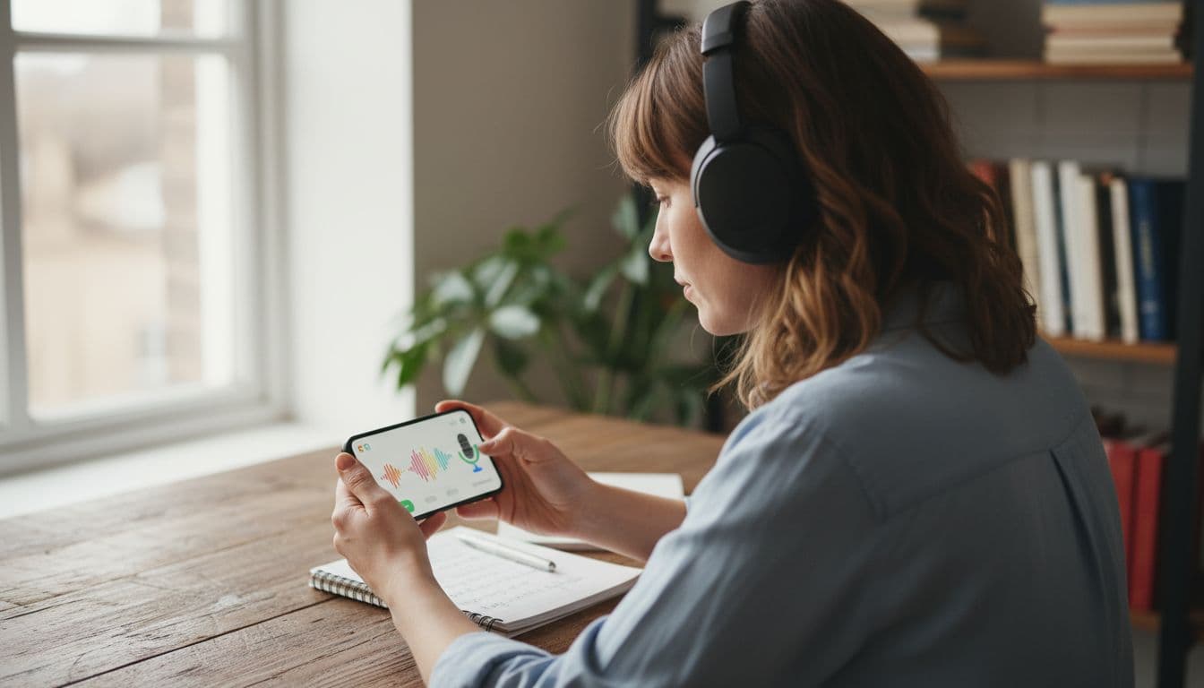 Focused adult practicing Portuguese on smartphone app, wearing headphones, sitting at wooden desk with notebook nearby, natural daylight from window, realistic photo style, exactly one person no additional humans, two hands visible relaxed on phone, no text no logos no watermarks