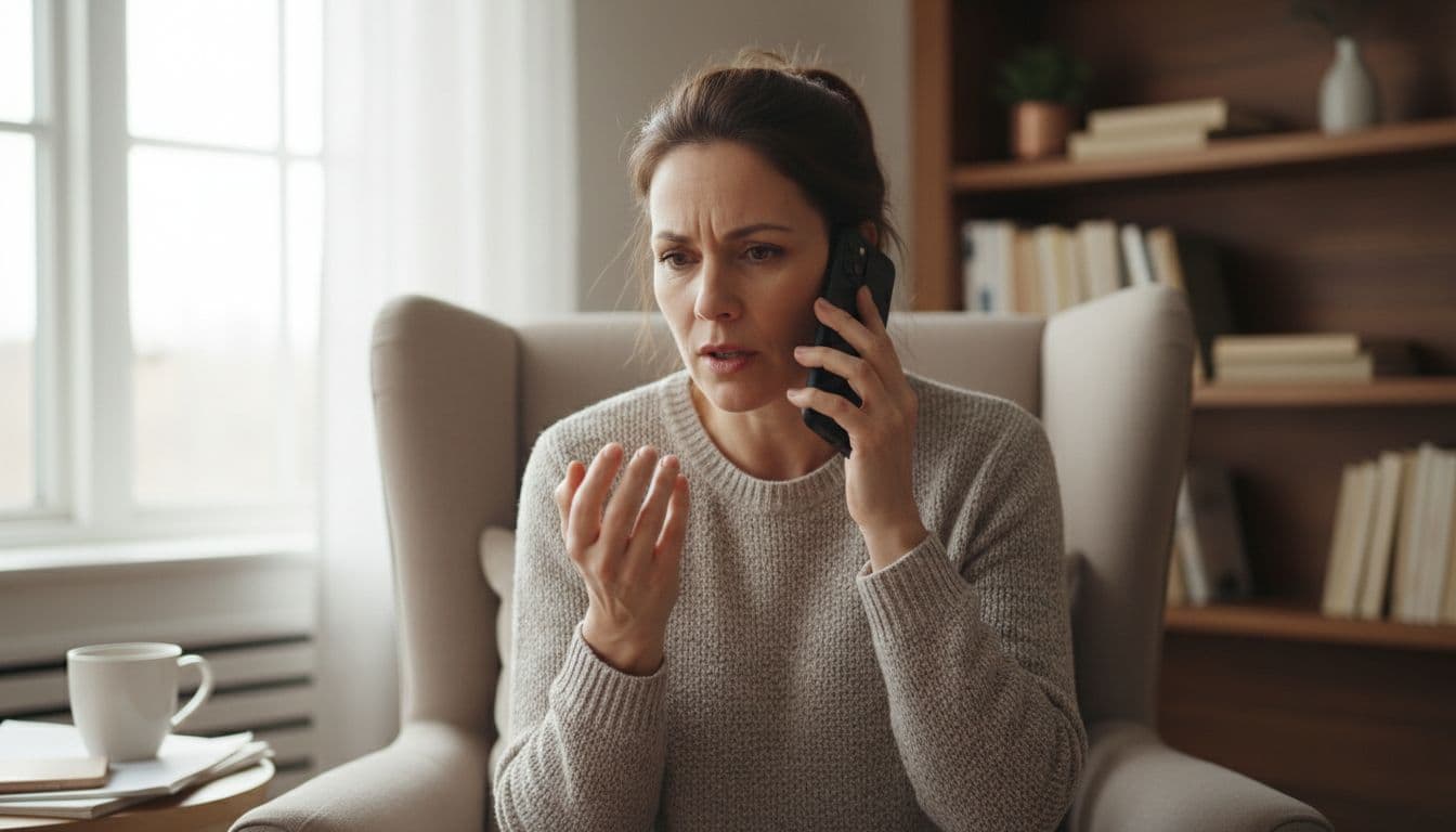 Adult learner speaks into smartphone mic while practicing Spanish in cozy home office with books and coffee mug.