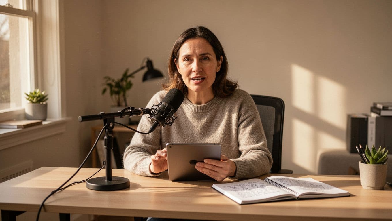 A focused adult learner in a quiet home office uses a tablet to practice speaking Spanish phrases into a microphone, with a notebook open nearby containing grammar notes, under warm natural daylight.