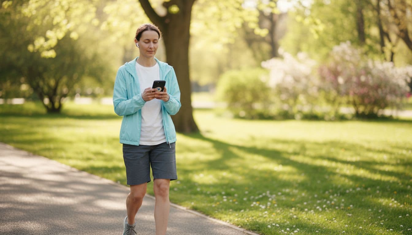 Adult walking relaxed in sunny park wearing wireless earbuds and holding smartphone with paused audio app visible.