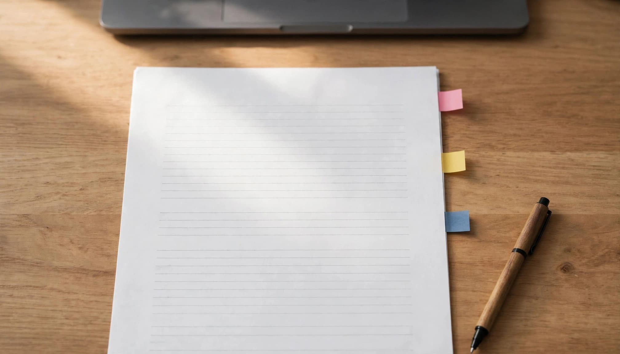 An agreement with colored tabs and a pen on a wooden desk beside a blurred laptop.