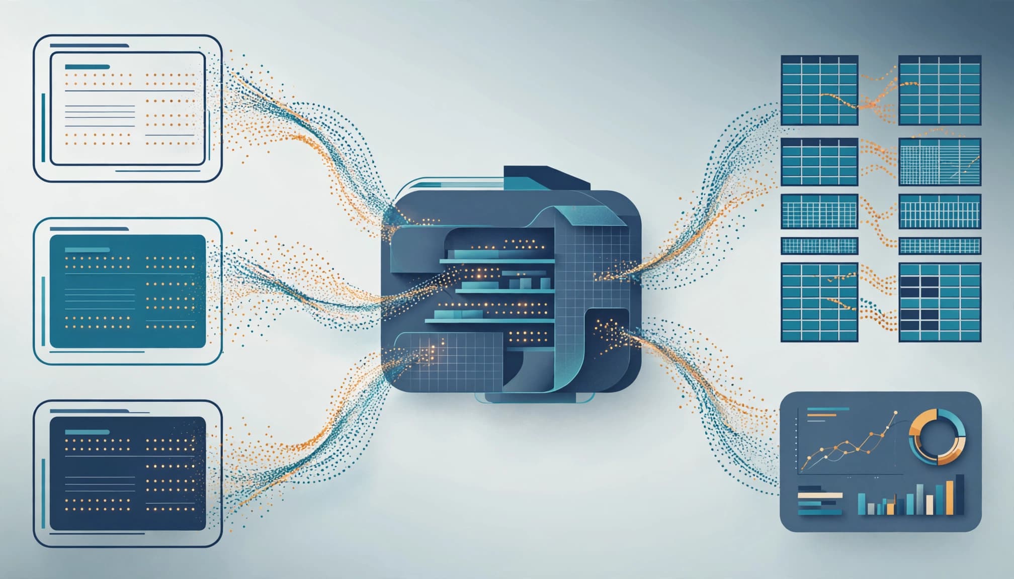Abstract click-event streams flow through a warehouse to tables and a dashboard.