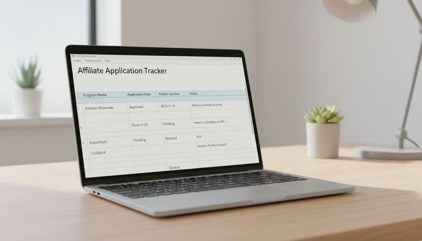 A realistic laptop screen displays a clean spreadsheet tracking affiliate program applications, with columns for Program Name, Application Date, Status, Follow-up Date, and Notes, including sample data rows. Set on a simple office desk with natural lighting, focused solely on the screen.