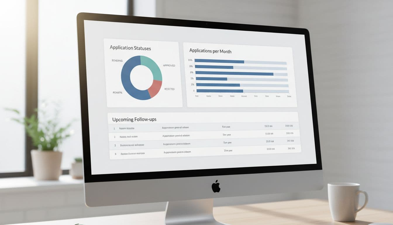 Spreadsheet dashboard on a computer screen in a modern workspace, featuring a pie chart of application statuses (pending, approved, rejected), bar chart of applications per month, and table of upcoming follow-ups.