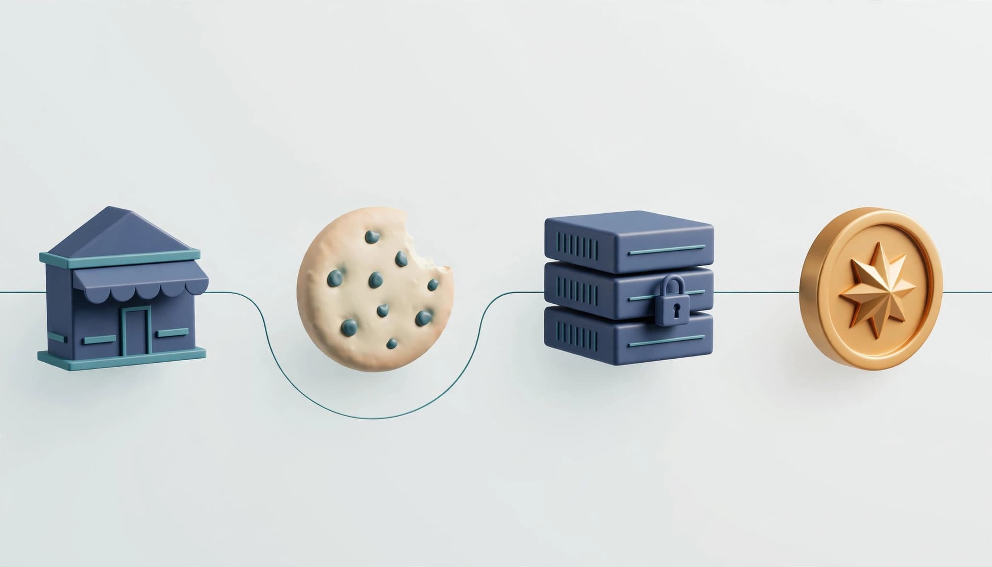 A storefront, cookie symbol, server, and commission coin linked in a row.