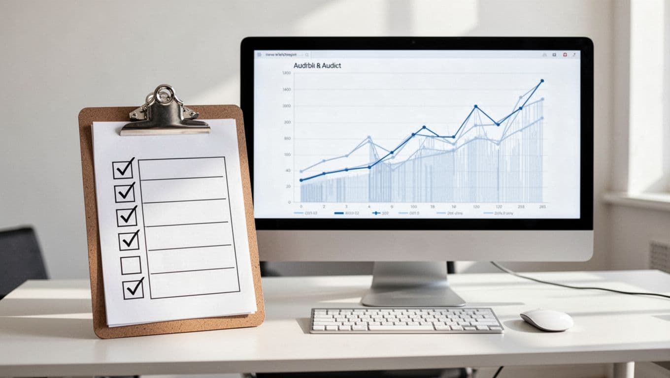 Step-by-step checklist on a clipboard next to a computer screen displaying affiliate dashboard metrics in a simple office desk setup with bright professional lighting, realistic photo in infographic style.