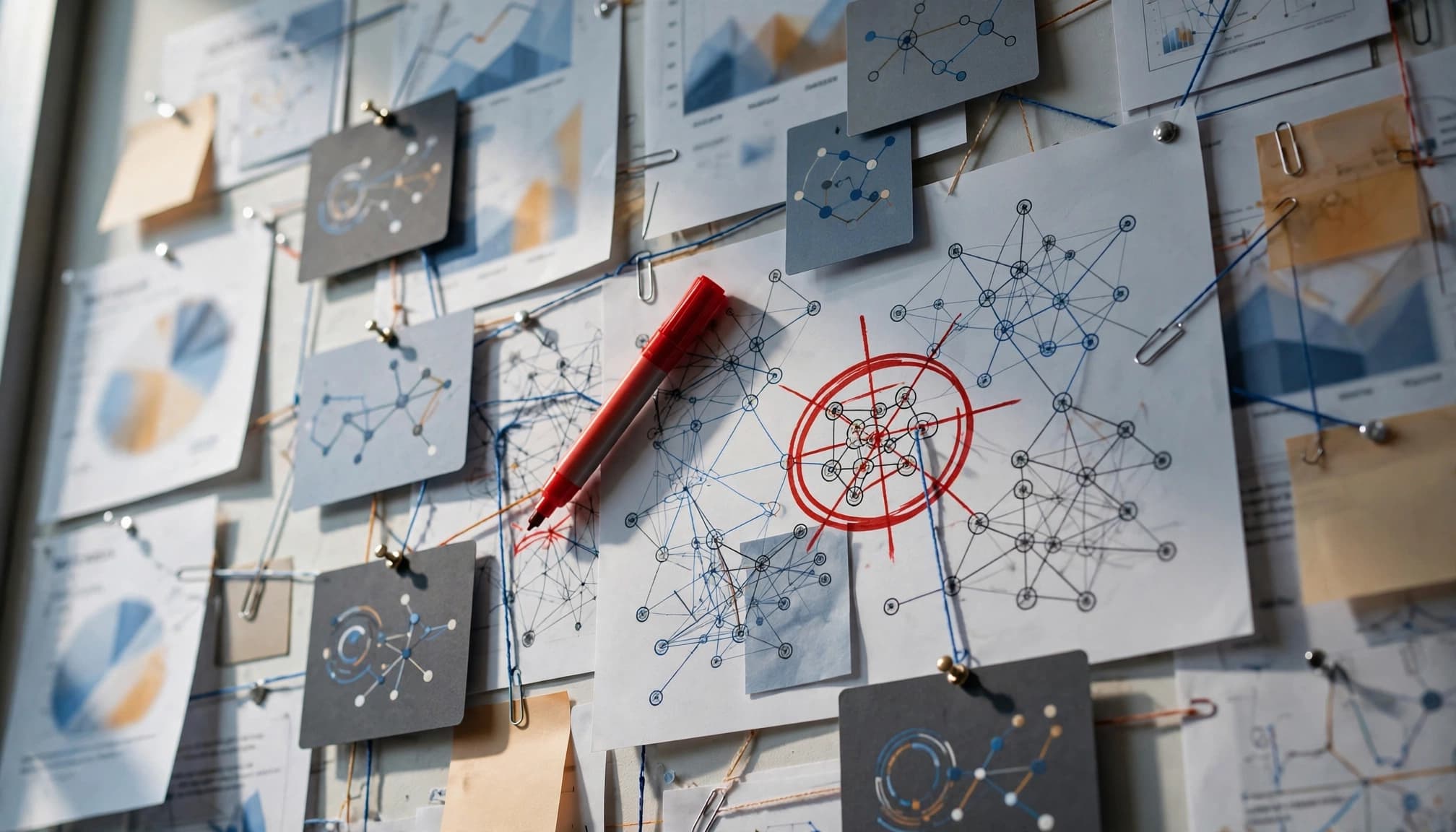 Printed link maps and domain cards point toward a red warning marker.