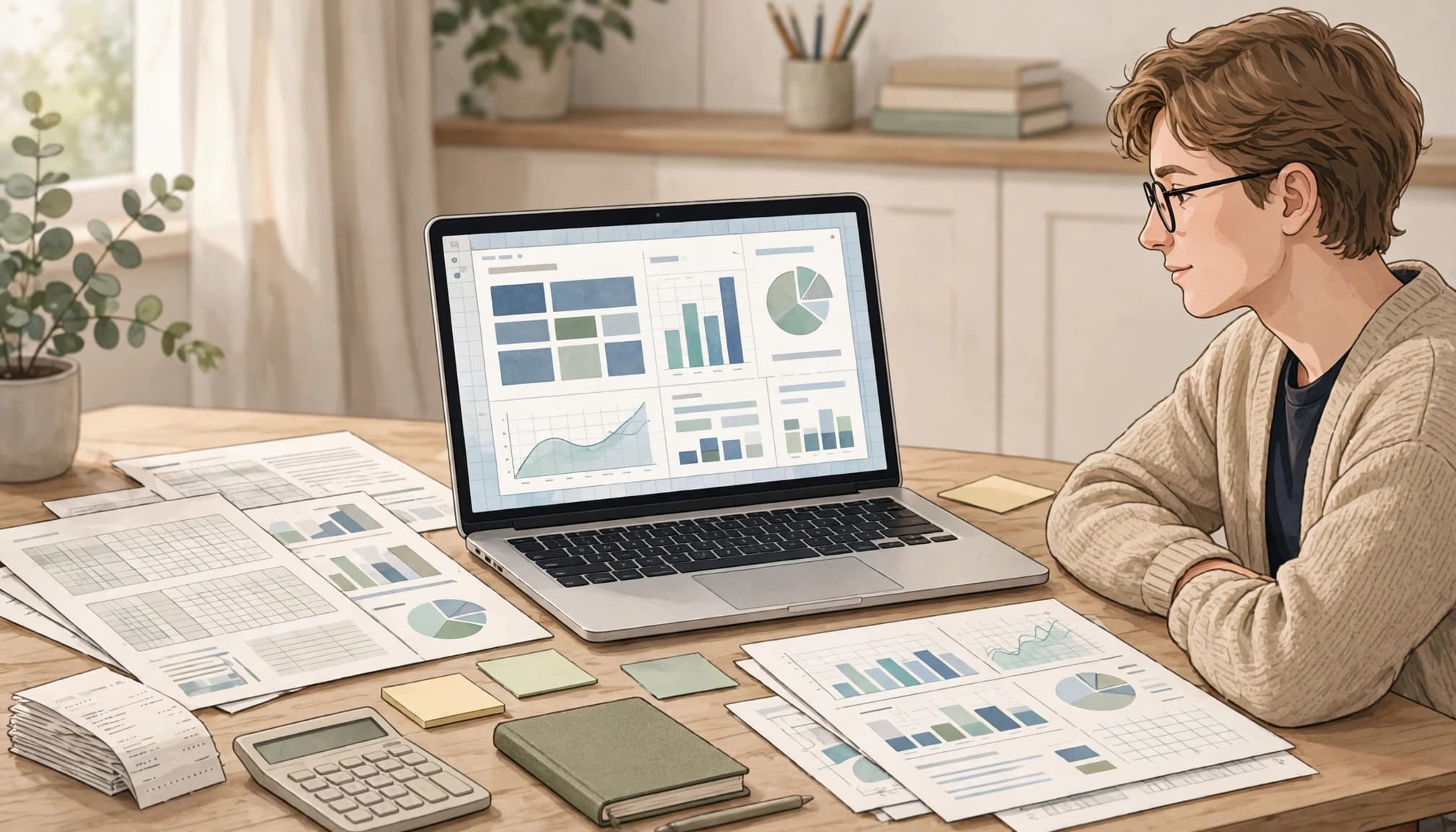 A beginner marketer reviews a finance spreadsheet beside a calculator, receipts, and notebook.