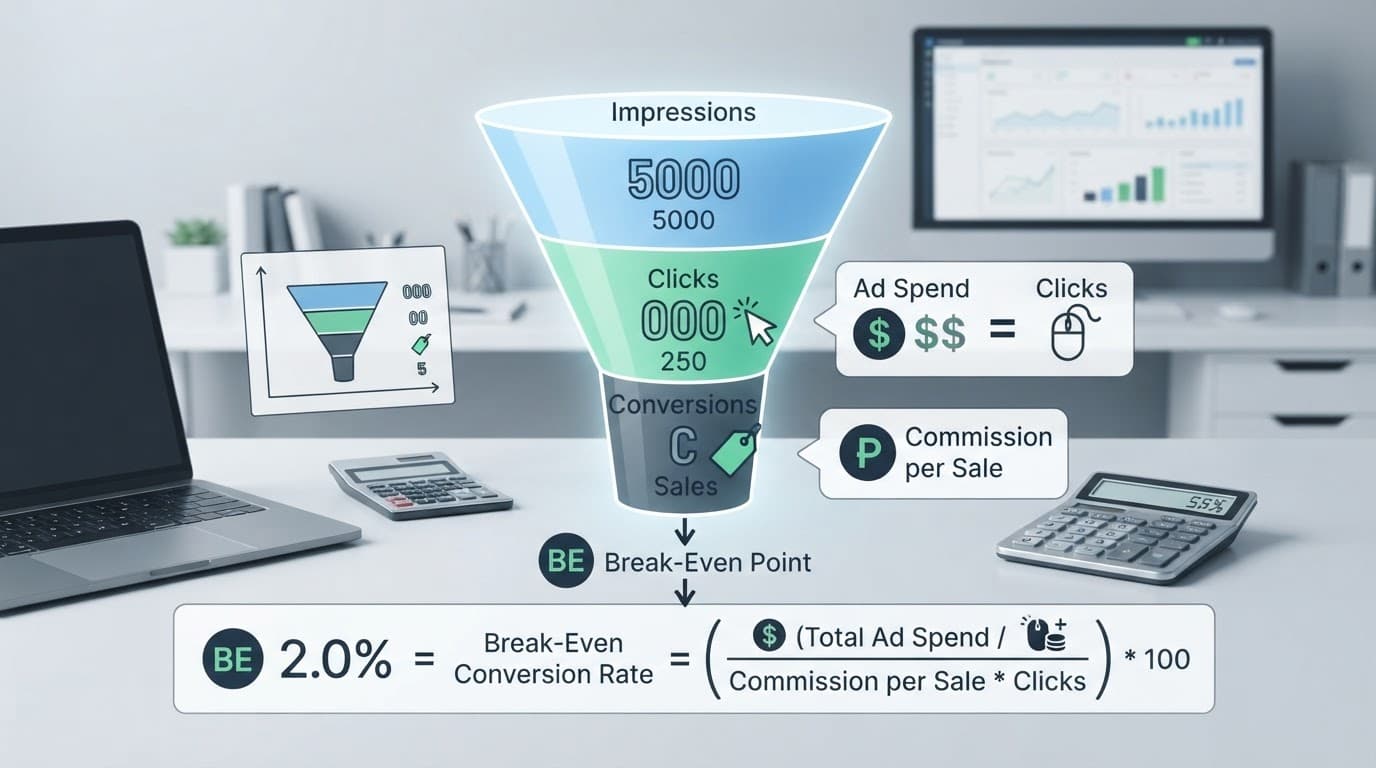 Laptop, calculator, and funnel diagram showing affiliate campaign break-even.