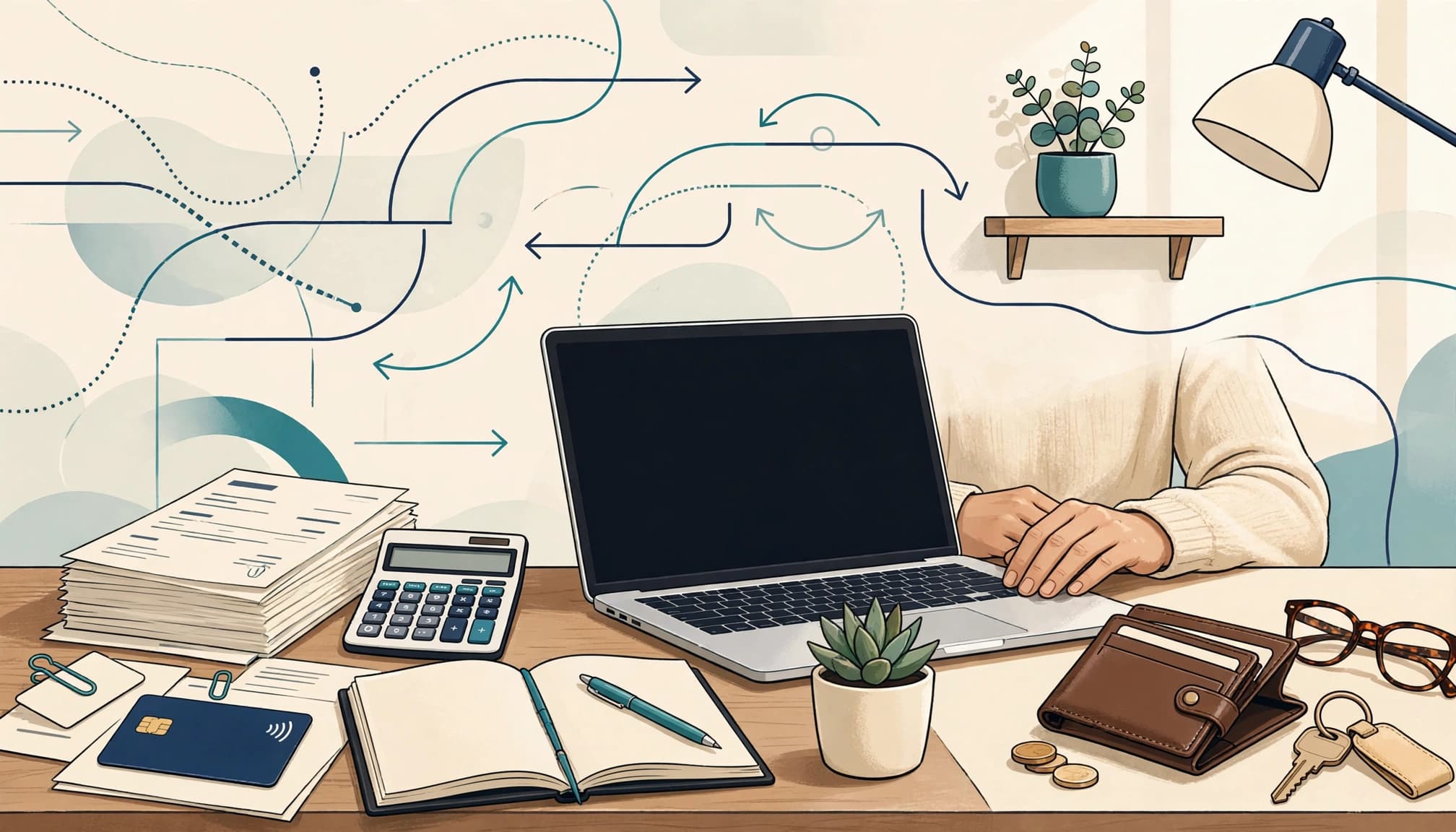 A marketer organizes business finances beside a laptop, debit card, calculator, invoices, and notebook.