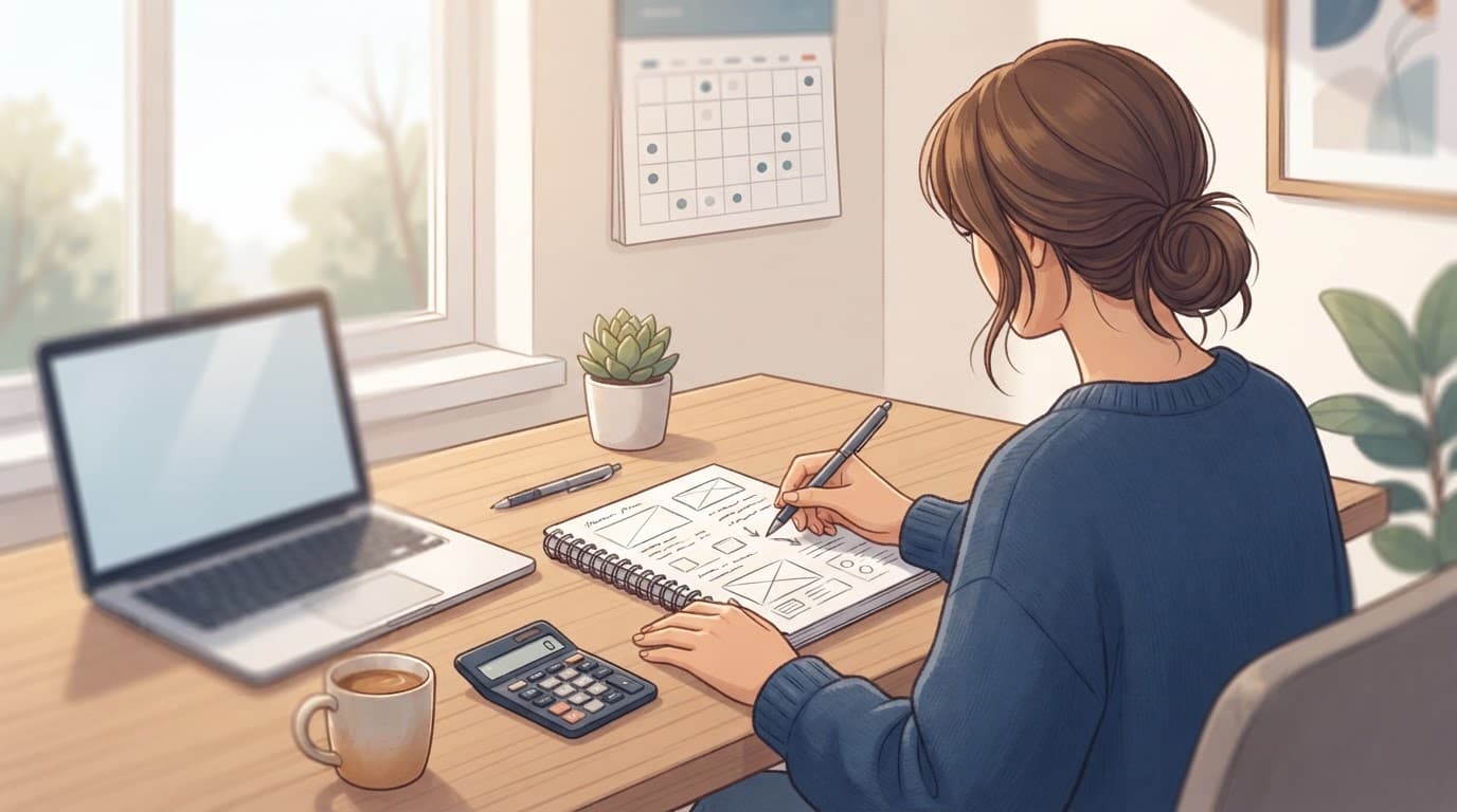 An entrepreneur plans at a desk with a notebook, calculator, laptop, and coffee.