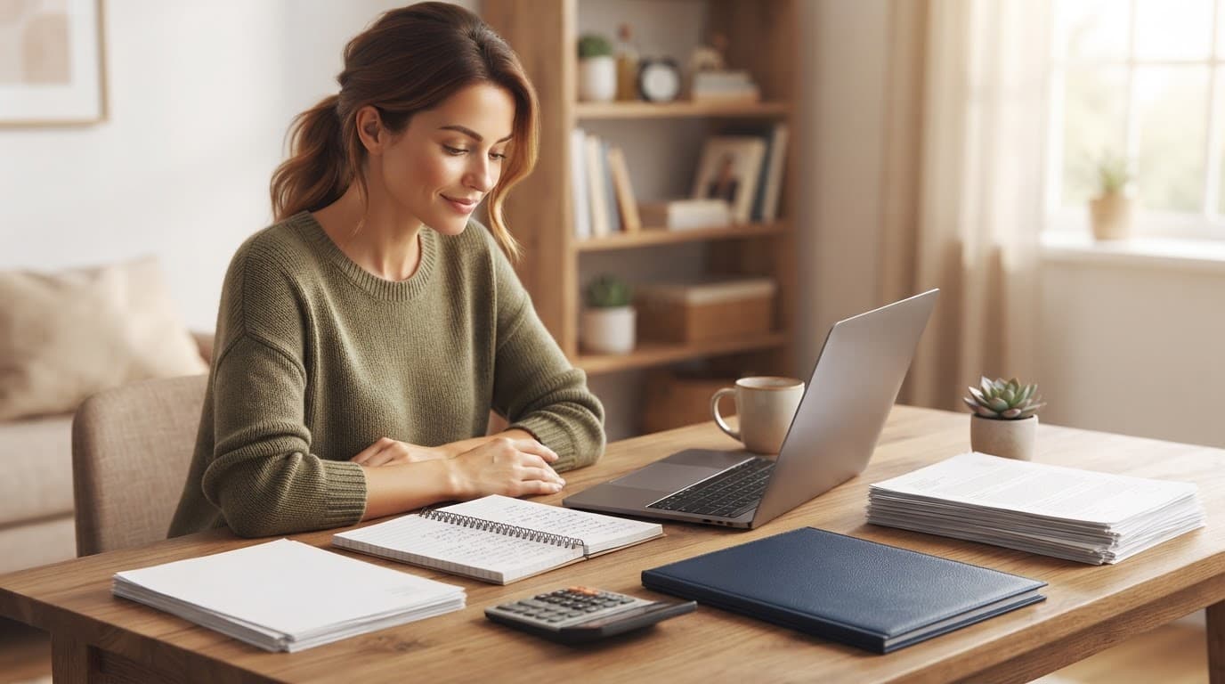 One person works beside a laptop, notebook, financial records, and a formal business folder.