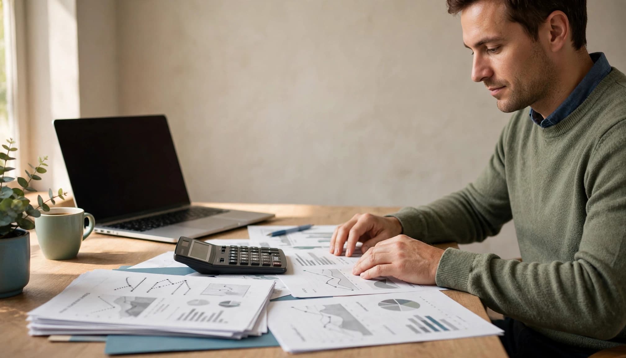 A business owner reviews papers beside a calculator and laptop in a sunny home office.