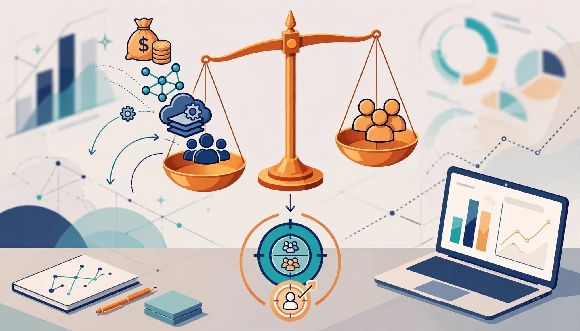 Balance scale comparing affiliate costs with new customers beside a laptop and charts.