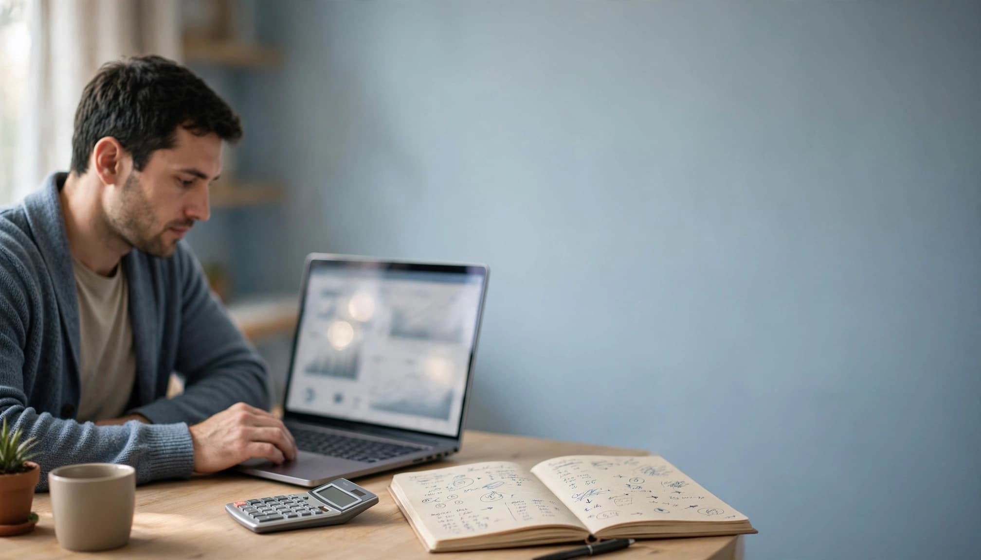 A marketer reviews campaign figures beside a laptop, calculator, and notebook.