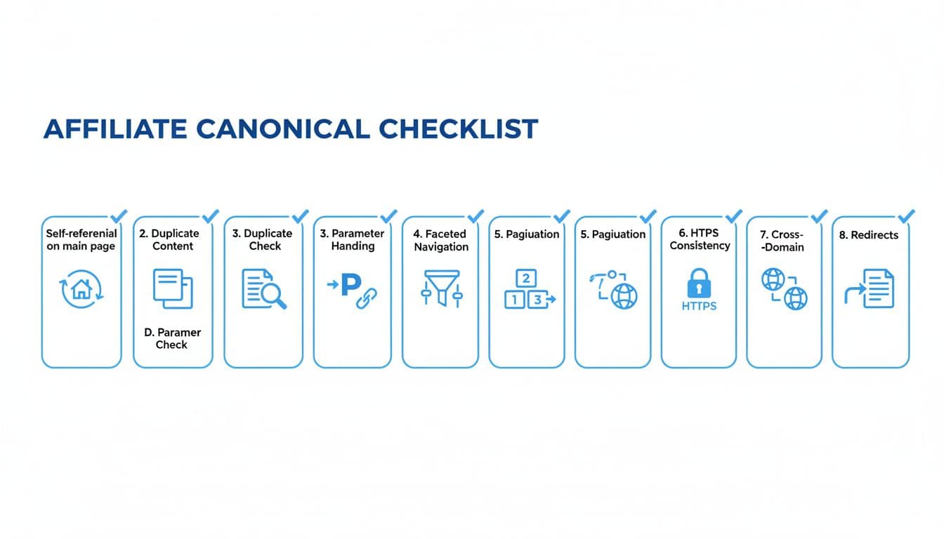 Clean infographic checklist with 8 key steps for affiliate canonical tag setup, including self-referential on main page, duplicate checks, parameter handling, and faceted navigation. Professional flat design on white background with blue accents and icons.