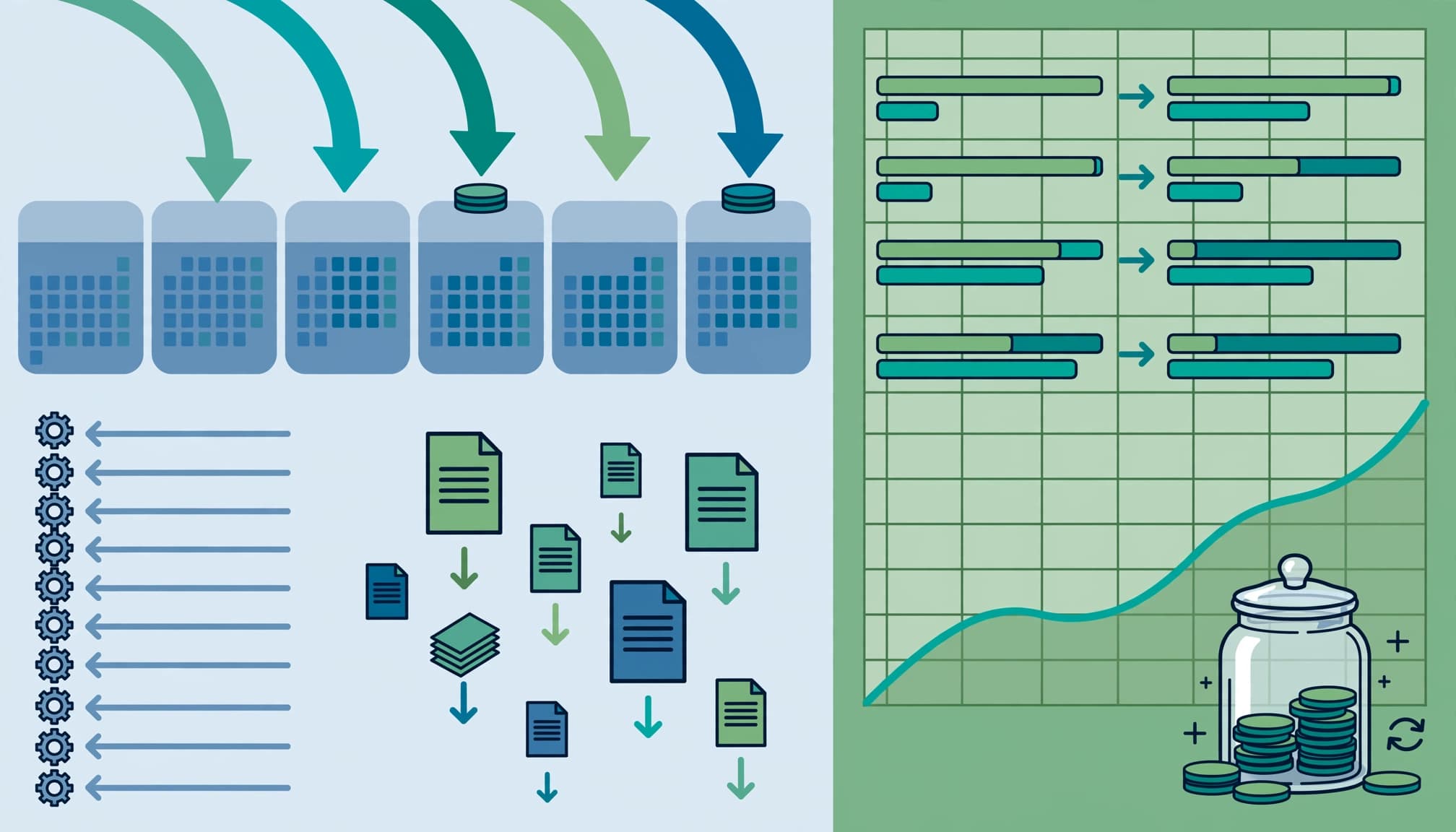 Calendar and spreadsheet track staggered payments, bills, content costs, and savings.
