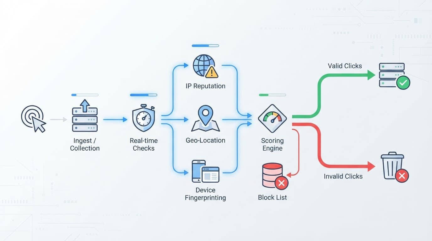 Minimal diagram showing a click moving through traffic checks, verification, and blocking.