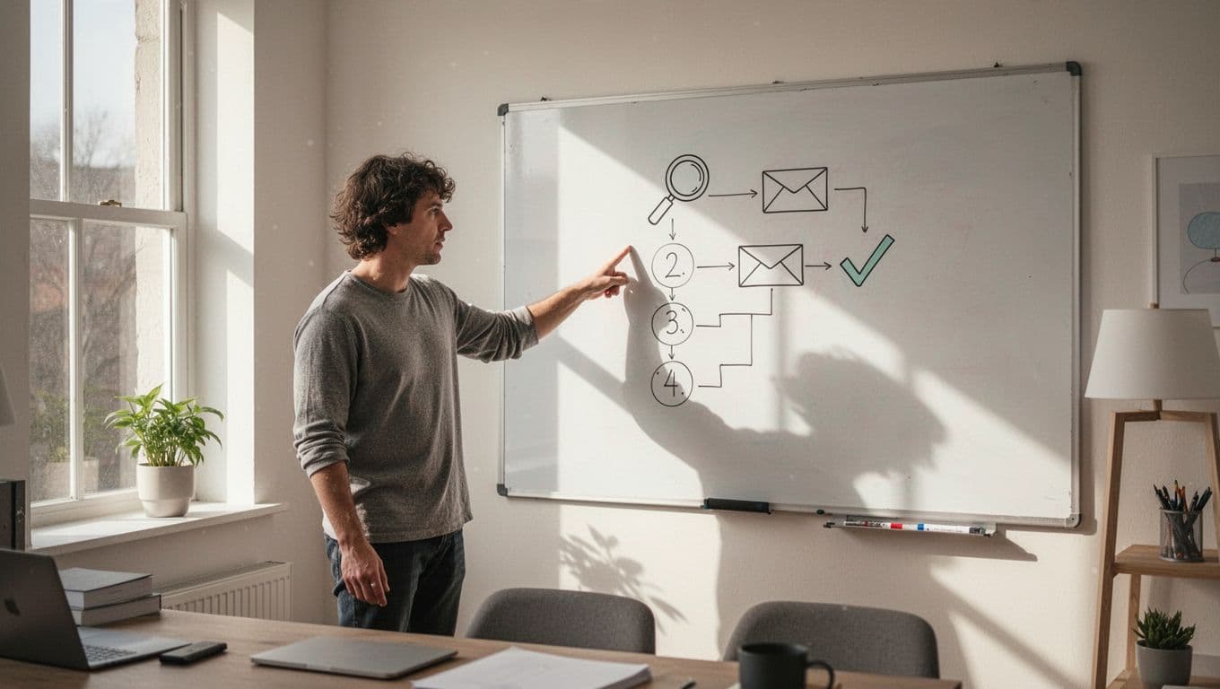 Step-by-step flowchart for auditing affiliate commissions on a whiteboard in a home office, with simple icons like magnifying glass for review, email for outreach, and checkmark for recovery. Bright natural light illuminates the minimalist scene with one person pointing at the board from the side.