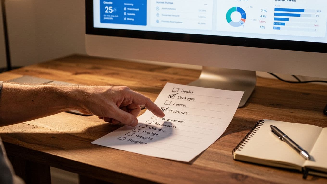 Photorealistic image of a paper checklist beside a computer screen displaying an affiliate dashboard, with one hand pointing to items on a wooden desk with notebook and pen under warm indoor lighting.