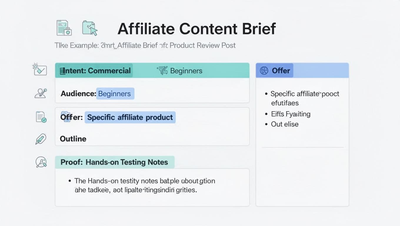 Clean minimalist flat design illustration of a one-page affiliate content brief for a product review post, with sections including Intent, Audience, Offer, Outline bullets, and Proof from hands-on testing. Features light background, teal/blue header highlights, subtle icons, crisp readable text, and heavy whitespace in a professional SEO tool style.