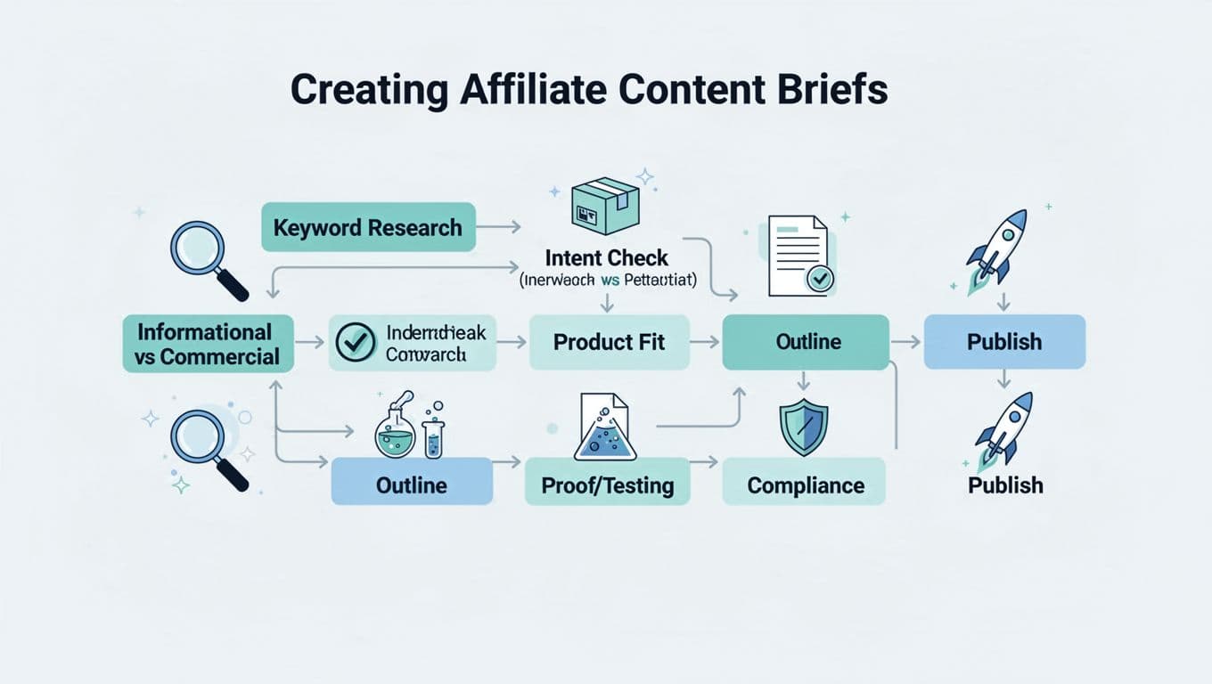 A clean, minimalist flat design illustration featuring a simple flowchart outlining the steps to create affiliate content briefs: Keyword Research, Intent Check, Product Fit, Outline, Proof/Testing, Compliance, and Publish, with teal/blue accents and small icons.