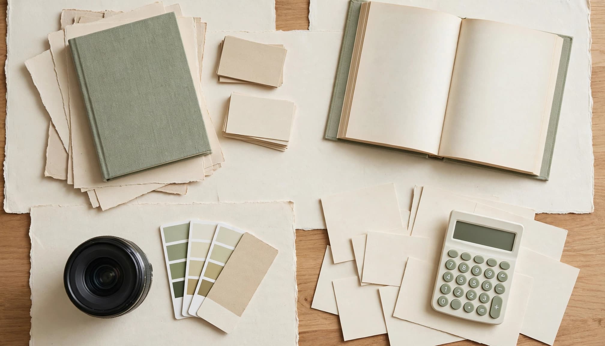 A notebook, swatches, camera lens, open book, and calculator arranged on a wooden table.