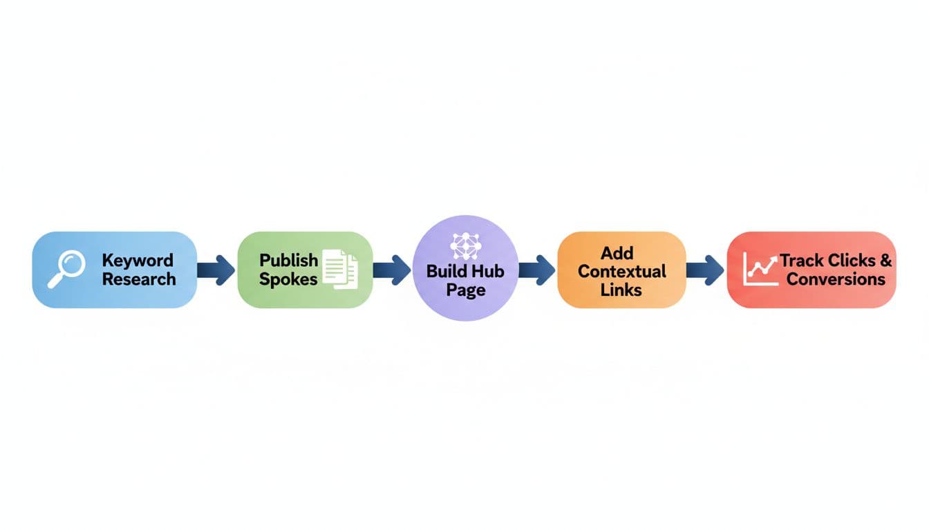 Clean, modern flat vector illustration of a horizontal flowchart for affiliate content cluster workflow, featuring steps from keyword research to tracking conversions with icons.