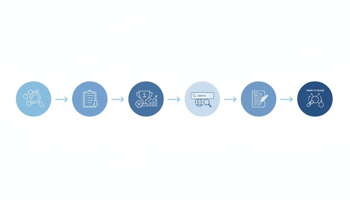 Clean modern flowchart illustration of a 7-step affiliate content gap analysis workflow using competitor hubs: icons for identifying hubs, extracting topics, scoring gaps, validating SERPs, prioritizing, creating content, and linking to hub, connected by arrows.