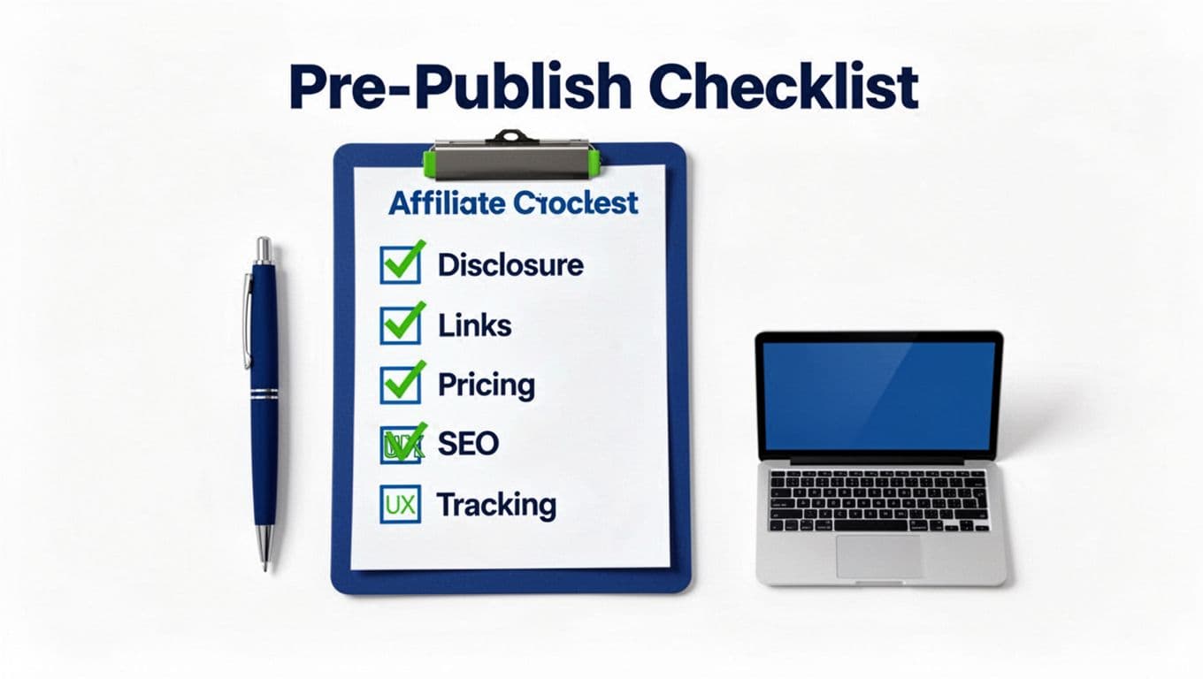 Clean modern flat-vector illustration of a pre-publish checklist for affiliate content, featuring a clipboard with checkboxes labeled Disclosure, Links, Pricing, SEO, UX, Tracking, a pen beside it, and a small laptop nearby on a white background.