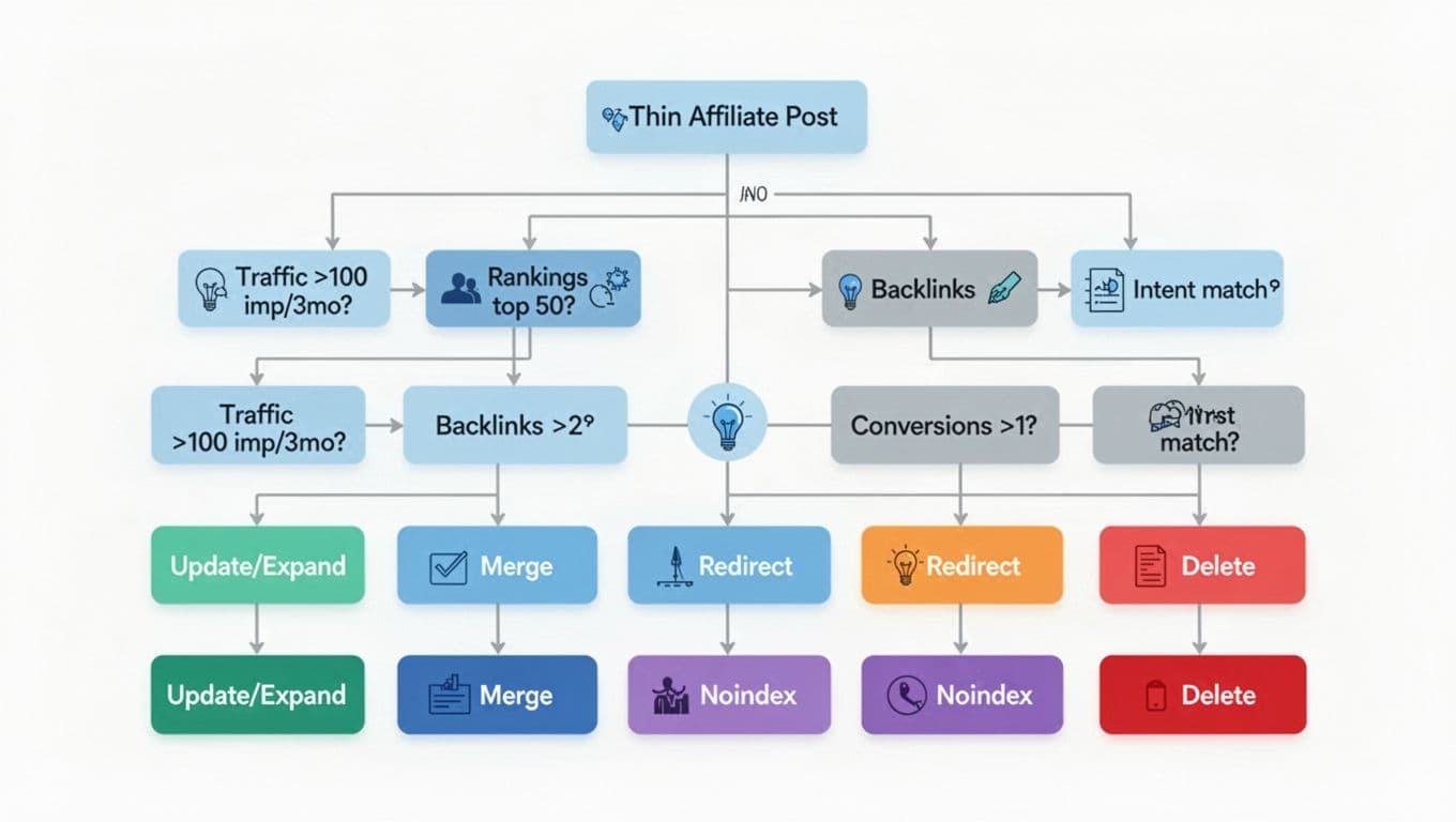 A clean, modern flat vector illustration depicting a flowchart for pruning affiliate content decisions, branching from traffic impressions, rankings, backlinks, conversions, and intent match to actions like update/expand, merge, redirect, noindex, or delete.